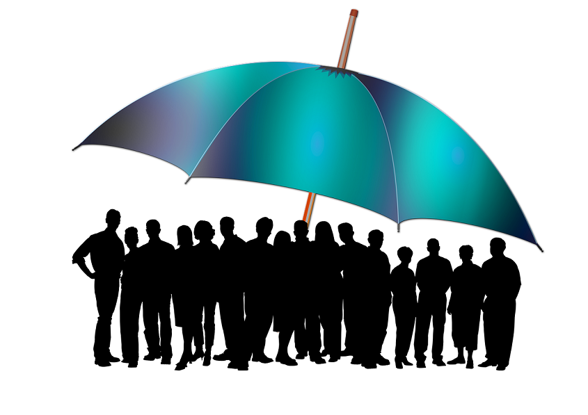 Many people are standing under umbrella